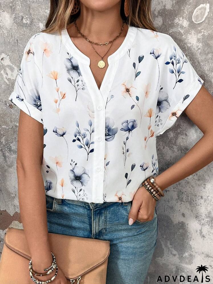 Women Summer Holiday Floral Print Notched V-Neck Short Sleeve Loose Shirt