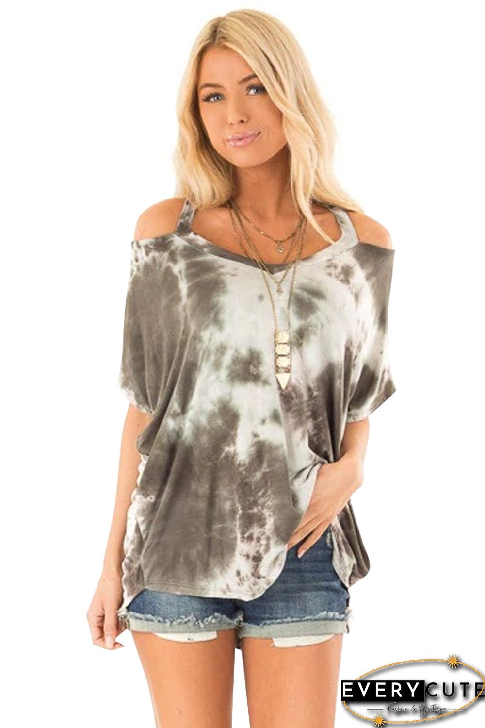Taupe Tie Dye Cold Shoulder Blouse