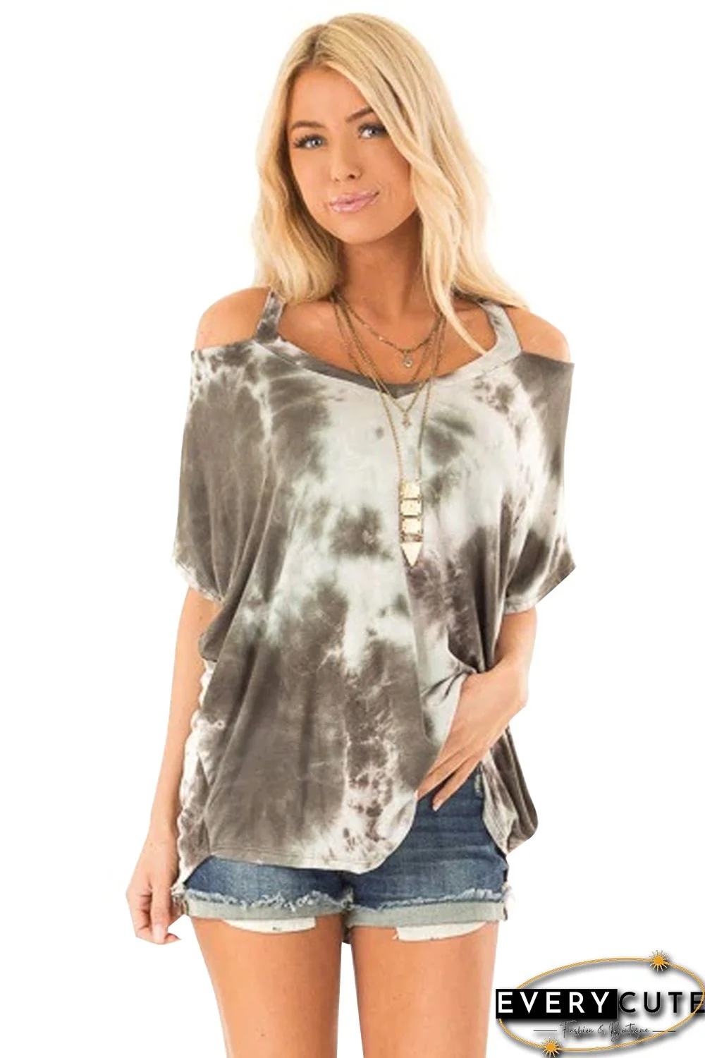 Taupe Tie Dye Cold Shoulder Blouse
