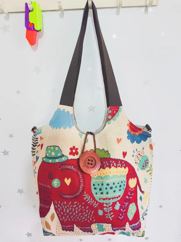Women’s Large Canvas Elephant Ethnic Style Square Zipper Shoulder Bag