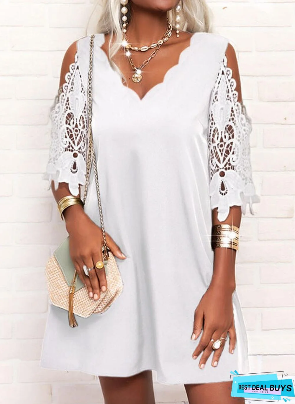 Lace V-Neck Sexy Off Shoulder Versatile Skirt Stitched Solid Dress White Dresses