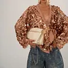 Women's Elegant Deep V-Neck Sequin Patchwork Jacket Coat