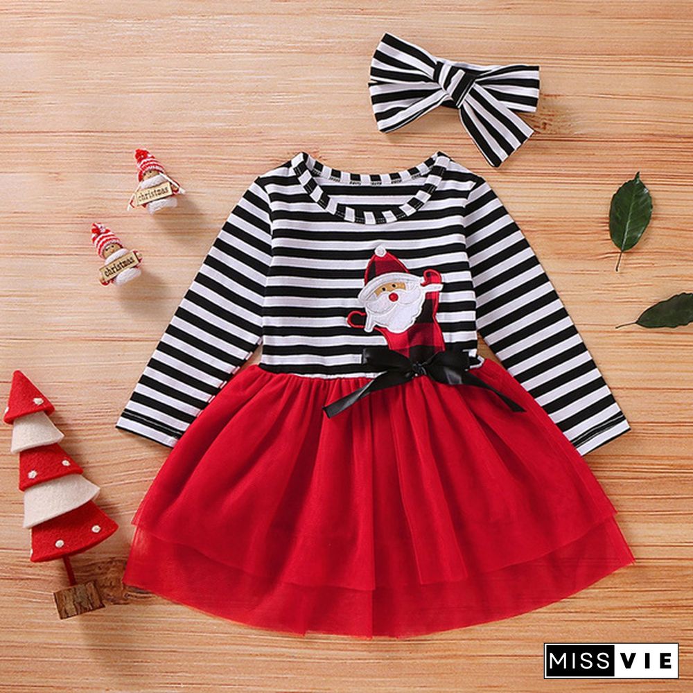 New Fashion Toddler Baby Girls Cute Christmas Santa Striped Print Tulle DressHeadband