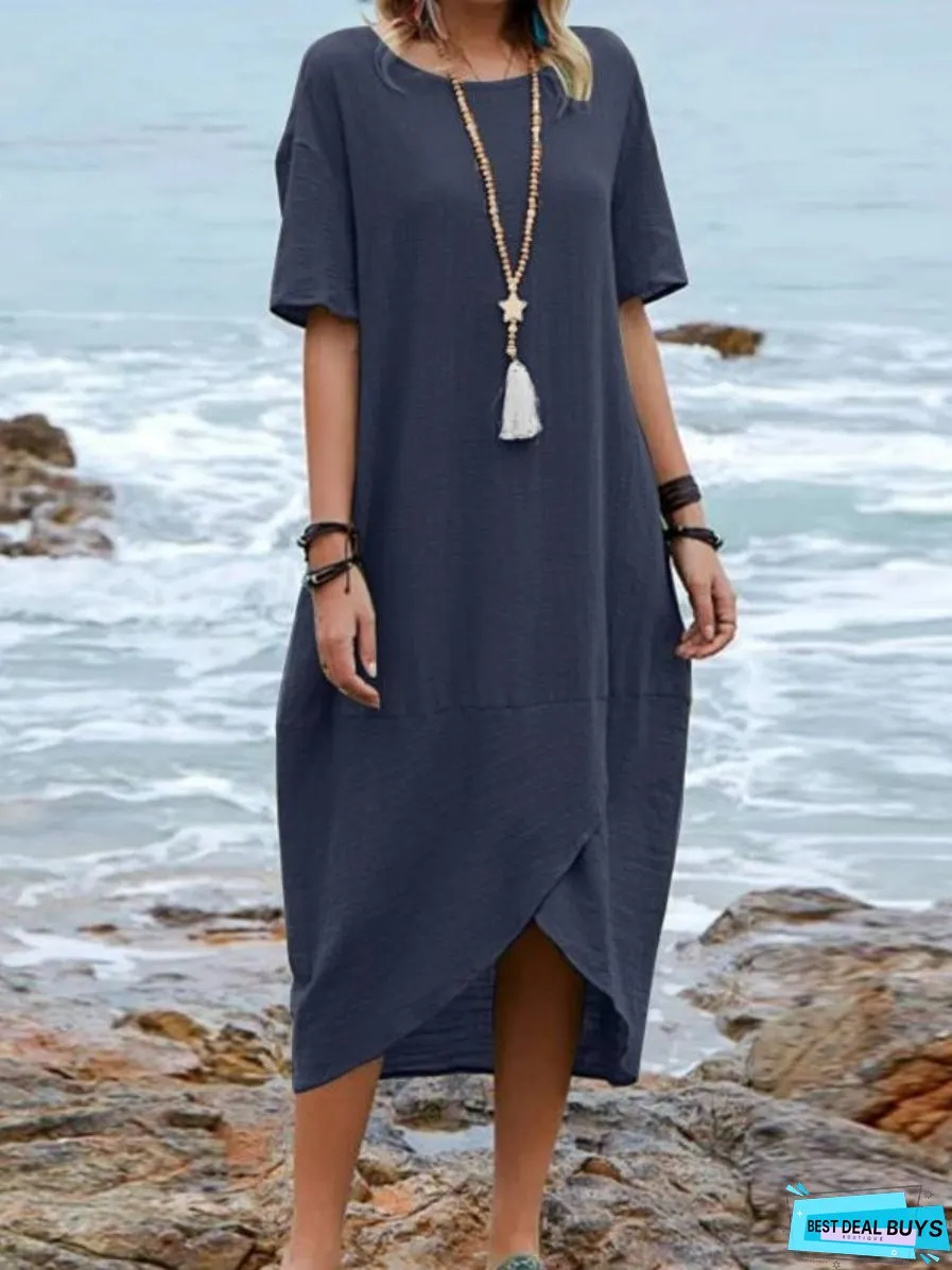 Vintage Cotton-linen Short-sleeve Dress