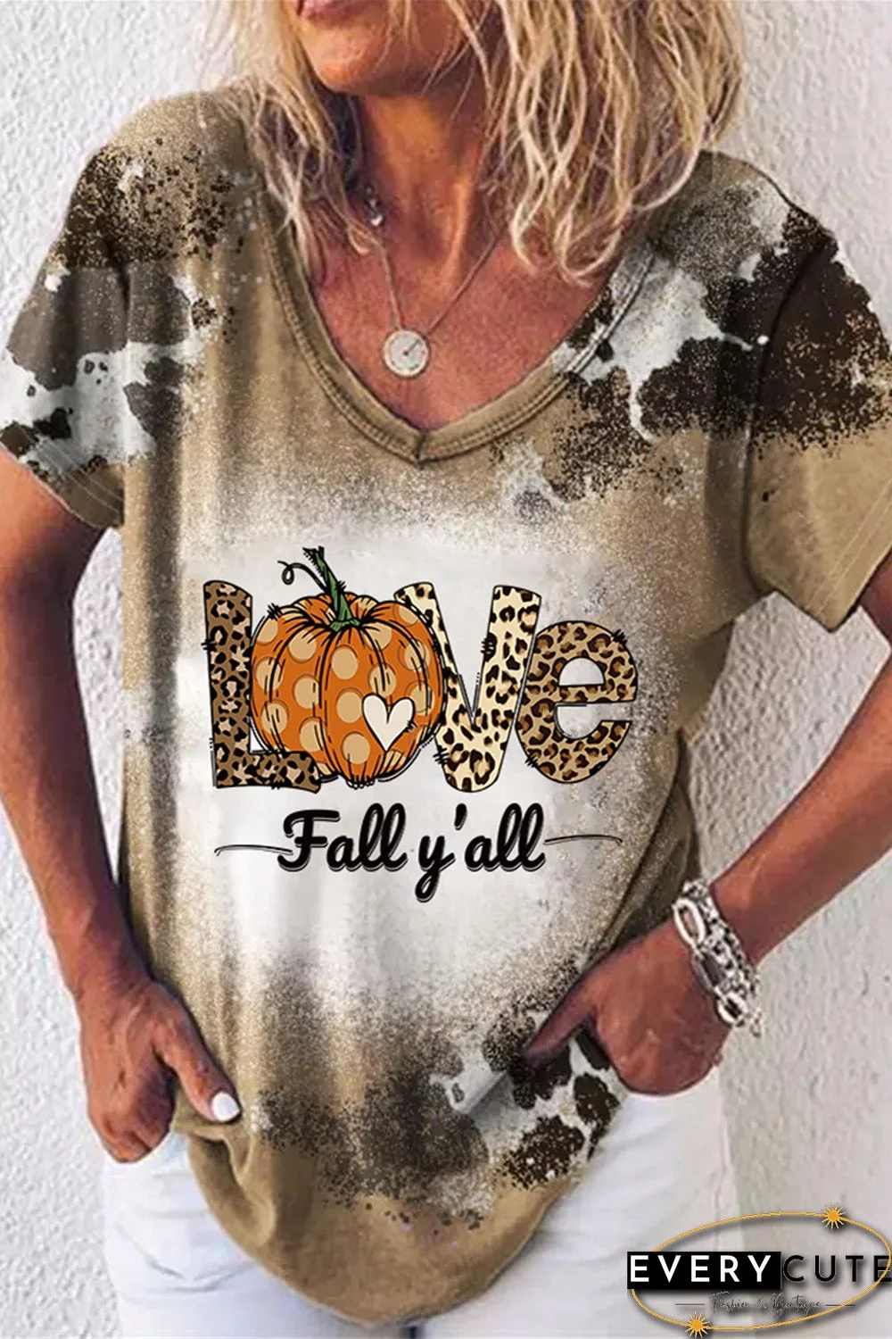 Brown Love Leopard Pumpkin Bleached Print V Neck Graphic Tee