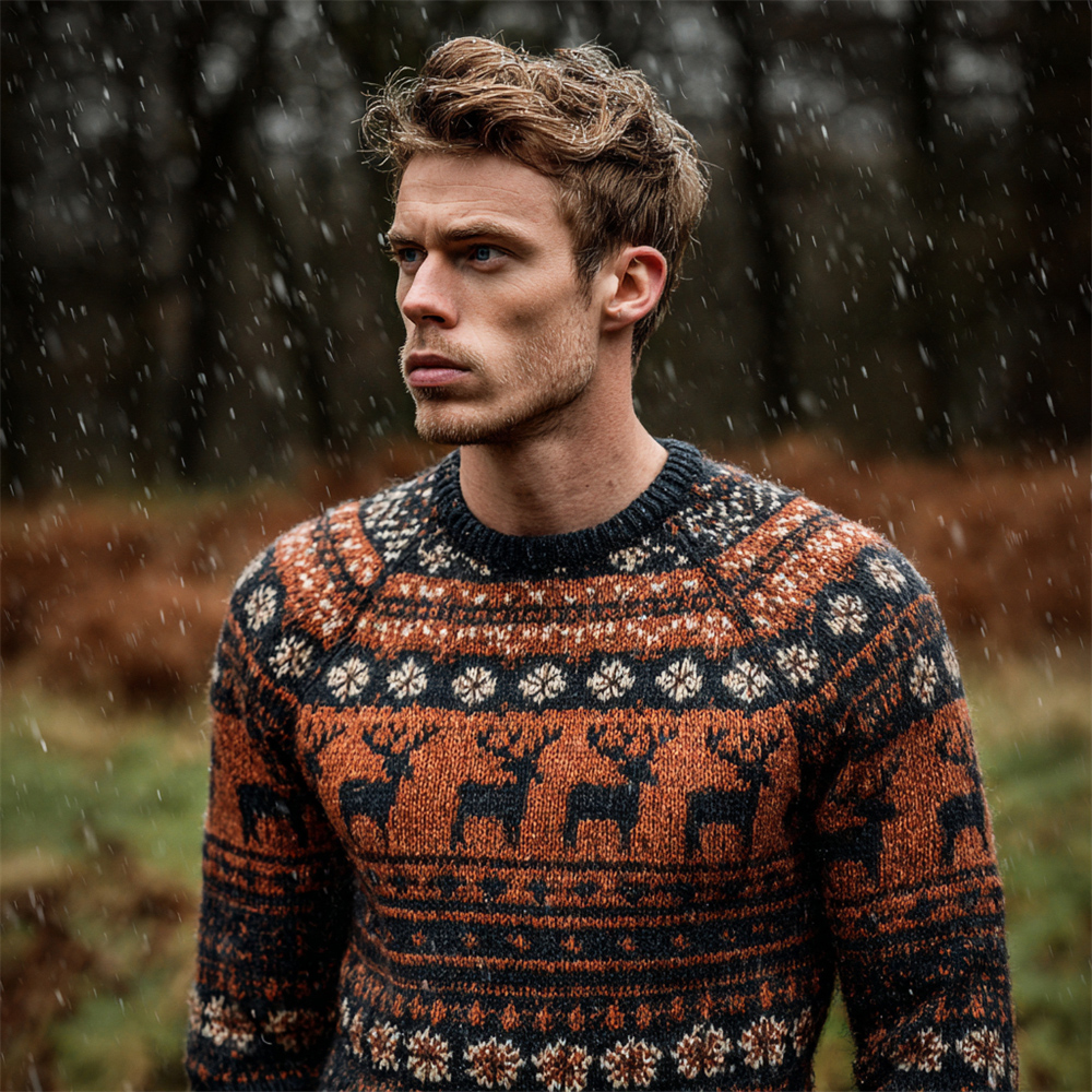 Vintage British Christmas Reindeer And Snowflake Design Men's Icelandic Sweater elevenforest
