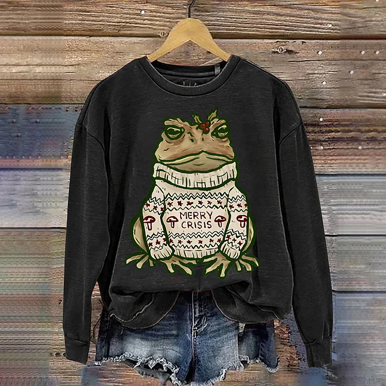 Retro Christmas Gift Frog Merry Crisis Art Design Print Casual Sweatshirt