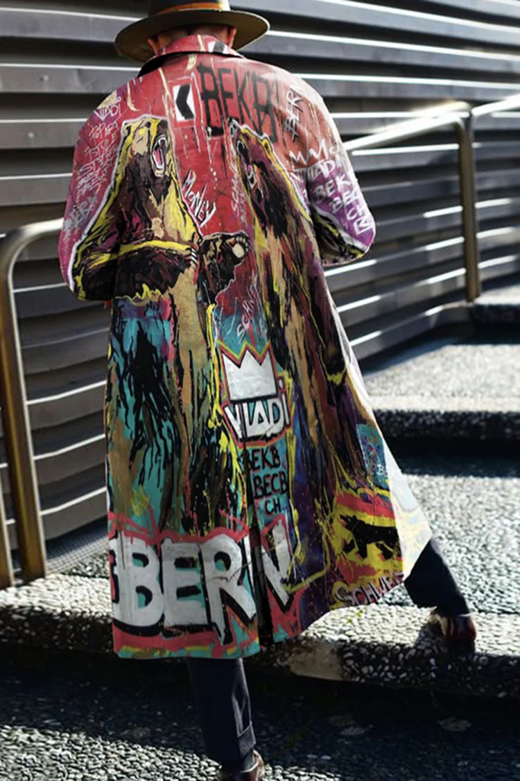 Back Brown Bear Graffiti Print Coat