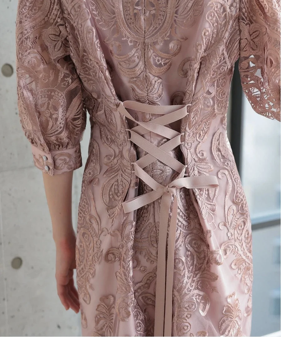 ランタンスリーブ刺繍レース バック リボン ワンピース 結婚式
