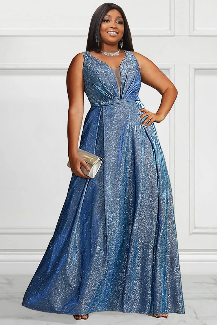 Xpluswear Design Plus Size Formal Dress Blue Glitter Sheen Sleeveless V Neck Maxi Dresses