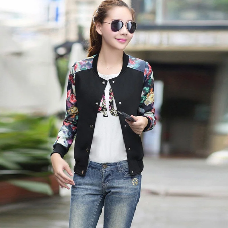 2017 Women Jacket Brand Tops Flower Print Girl Plus Size Casual baseball Sweatshirt Button Thin Bomber Long Sleeves Coat Jackets