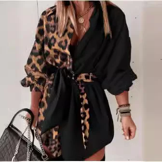 Wongn Wongn Women's Wear Commuter Print Color Stitching Leopard Print Lace Middle Sleeve Shirt Skirt