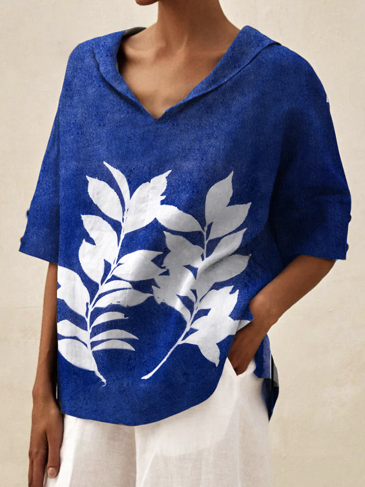 Women's Blue Tie-Dye Leaf Print Top