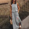 Women's Casual Round Neck Solid Color Sleeveless Slit Jumpsuit Long Dress