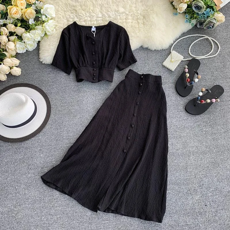 New Women Two Piece Set 2023  Summer Outfits Woman Clothes Fashion V Neck Crop Top + Slim A-line Long Skirts Suits 2 Pc Sets HotSale