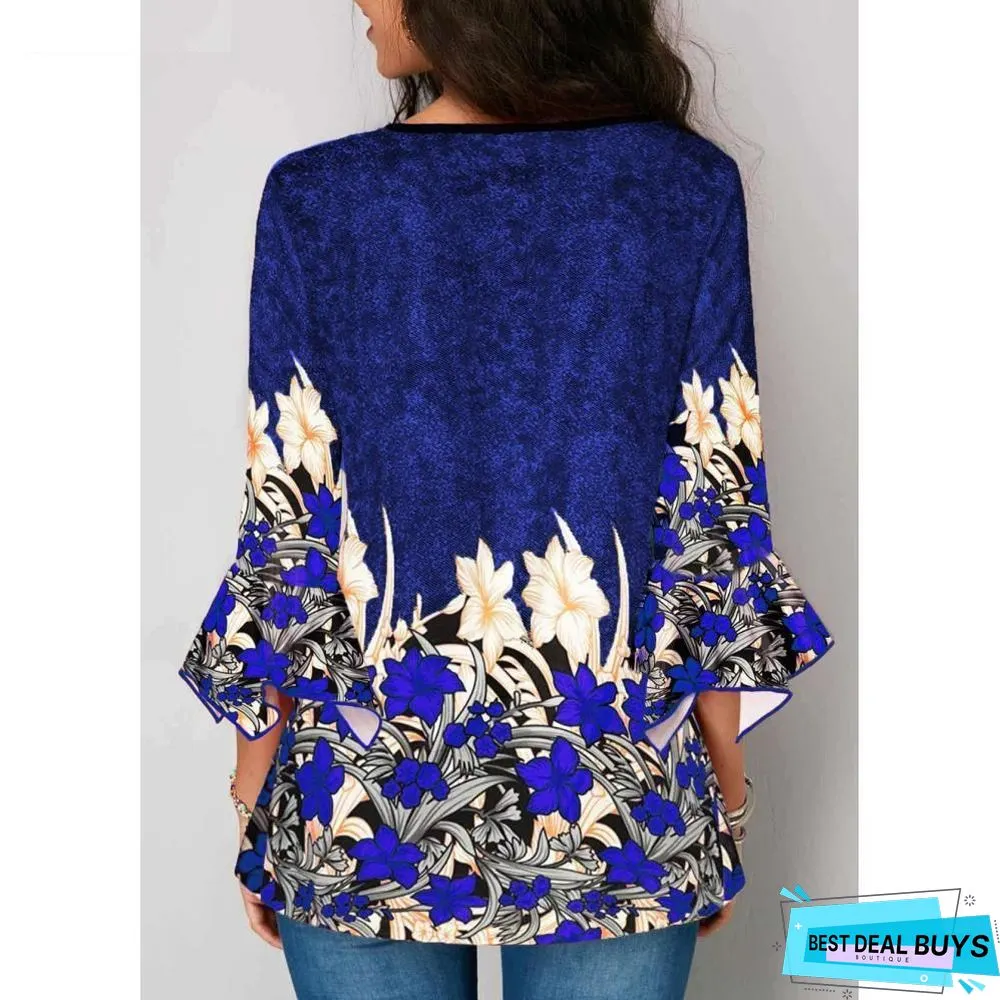 Women Plus Size Three Quarter Sleeve Floral Print Causal Loose Tunic Blouse Shirts