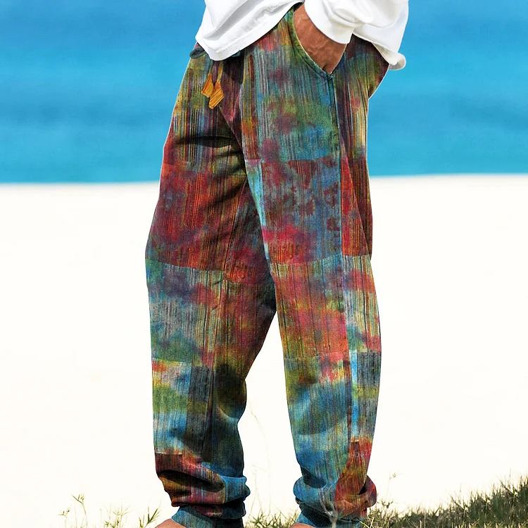 Men's Linen Boho Tribal Print Tie Dye Long Pants dc7a