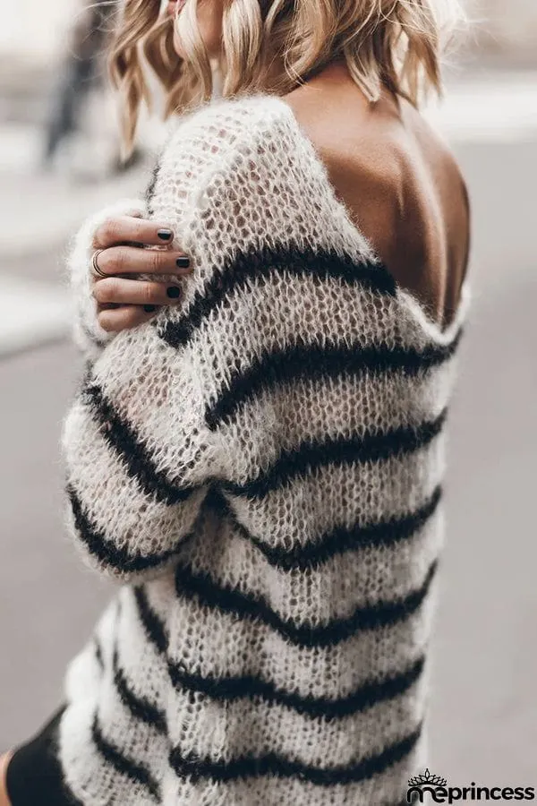 Time for Warmer Layers Fluffy Stripes Relaxed Knit Sweater