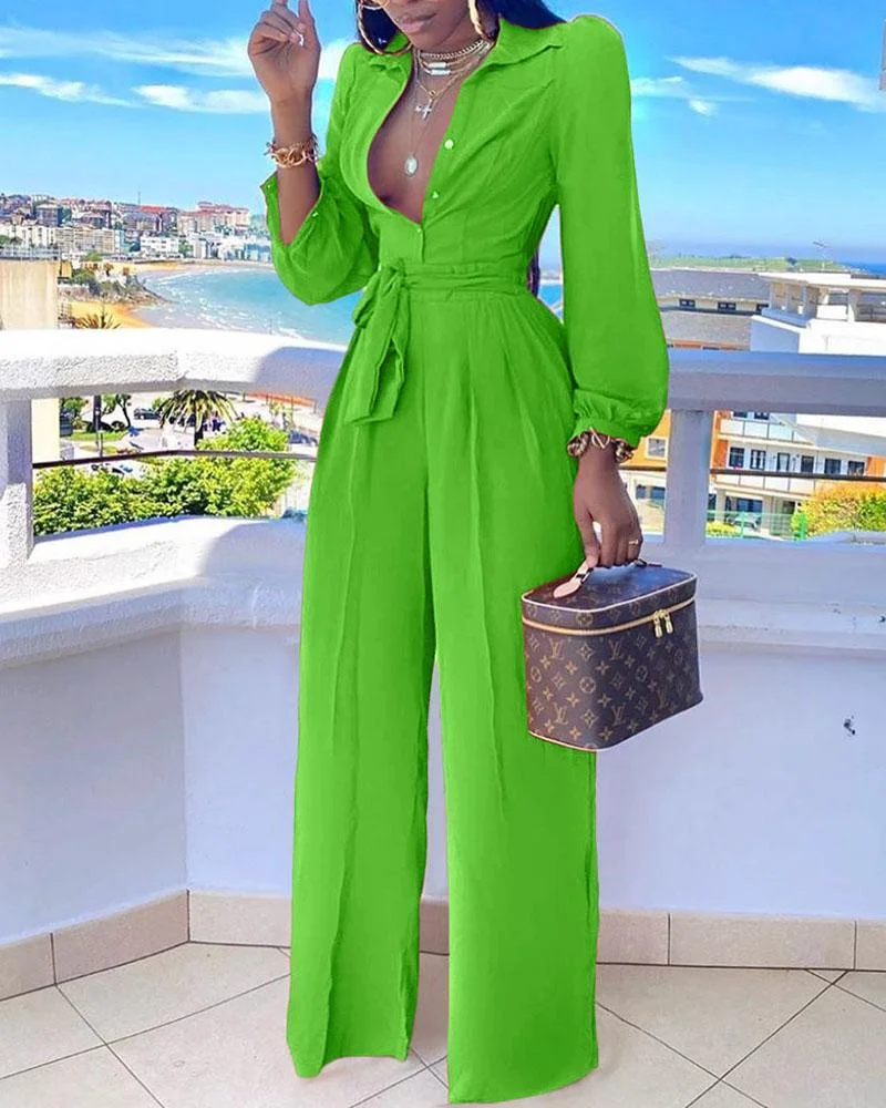 Casual Shirt Collar Jumpsuit