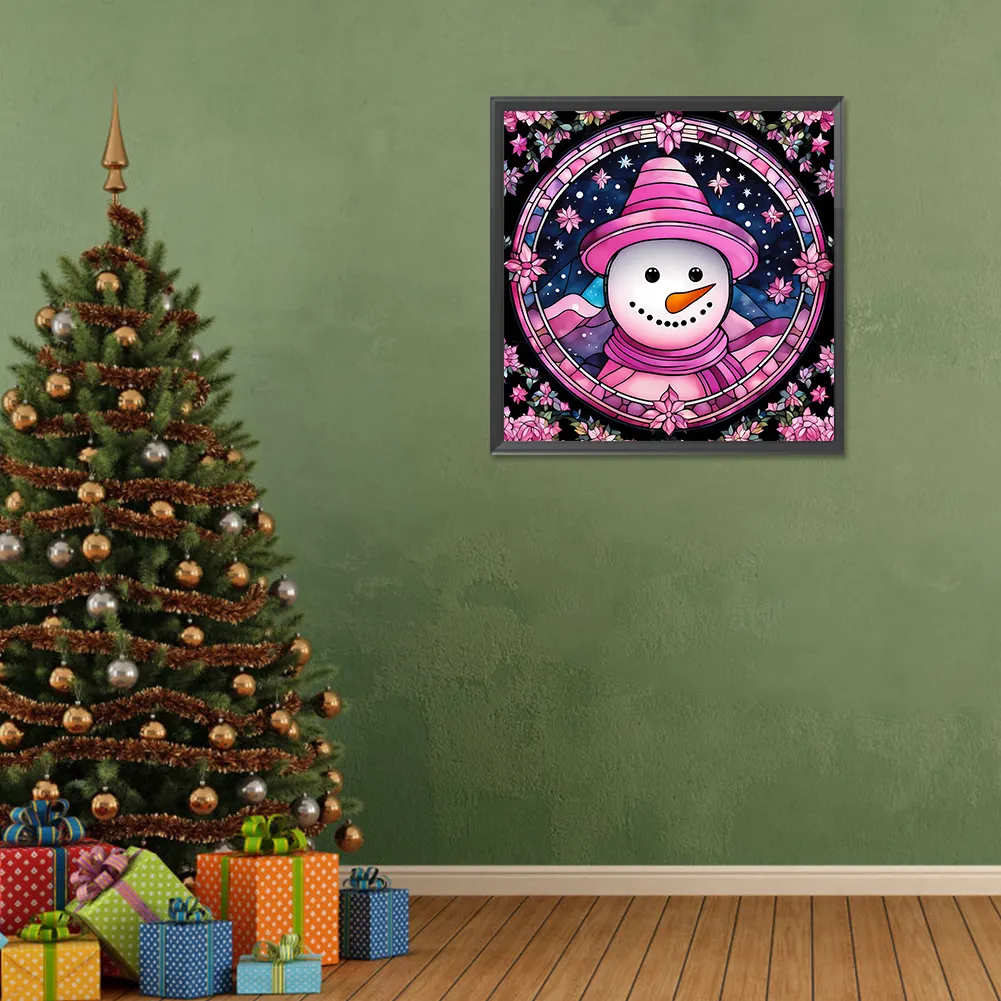 Full Round Diamond Painting 30*30cm - Pink Snowman Glass Painting