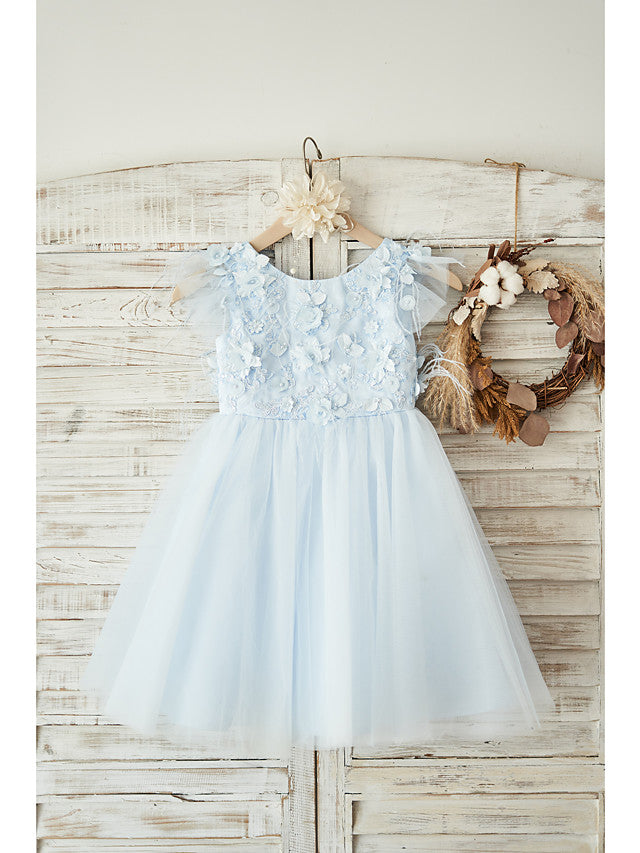 Oknass Ball Gown Cap Sleeve Jewel Neck Flower Girl Dress Lace Tulle With Petal Feathers Fur Lace