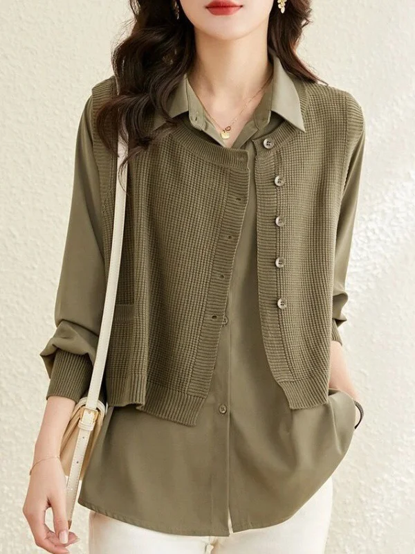 Long Sleeves Loose Solid Color Lapel  Inner Shirt + Pockets Buttoned Outer Knit Vest Two Pieces Set
