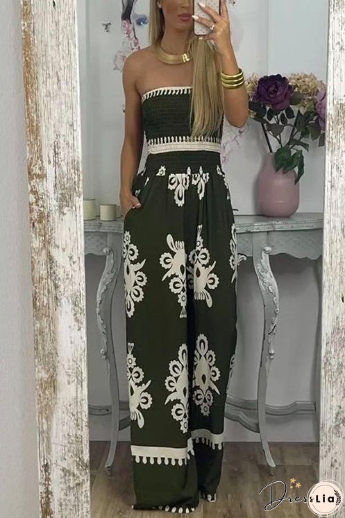 Meridress Off Shoulder Smocked High Waist Wide Leg Printed Jumpsuit