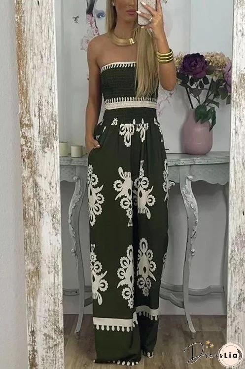 Meridress Off Shoulder Smocked High Waist Wide Leg Printed Jumpsuit
