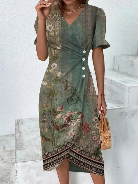 Positioning Print Patchwork Puff Sleeve Irregular Hem Dress