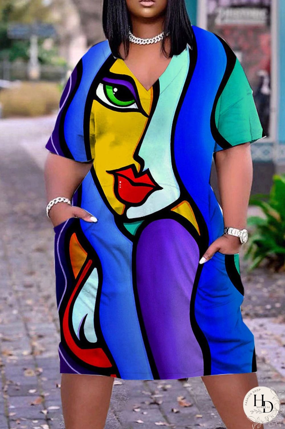 Multicolor Casual Street Print Patchwork V Neck Straight Dresses