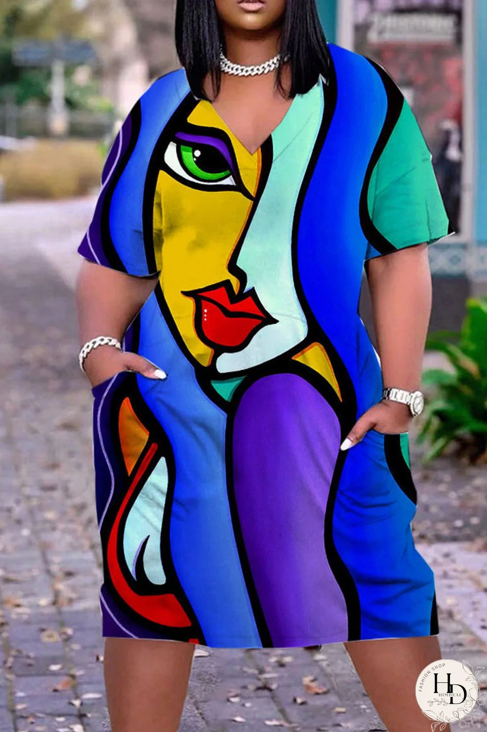 Multicolor Casual Street Print Patchwork V Neck Straight Dresses