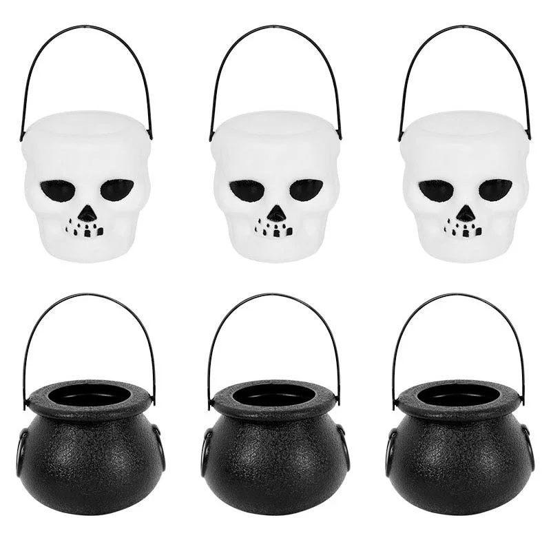 6pcs Mini Halloween Candy Bucket Pot Witch Skeleton Cauldron Holder Jar Trick Or Treat Halloween Party Decoration Props Kids Toy