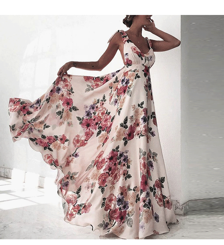 Fashion Backless Floral Print Bohemia Maxi Dress