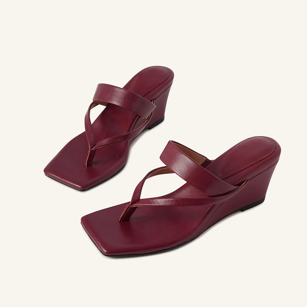 Burgundy Vegan Leather Open Square Toe Wedge Sandals for Women