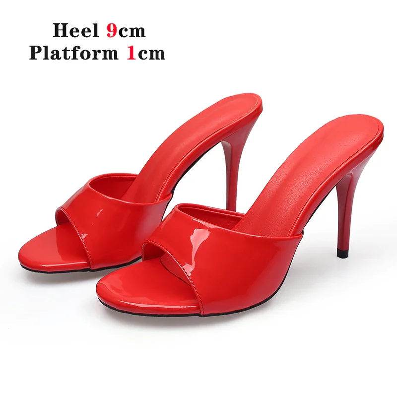 Qengg Summer Slippers Women Shallow Solid Color One word with Home Sandals Beach Shoes Sexy High Heels 7cm Thin Heels Pu Women Shoes