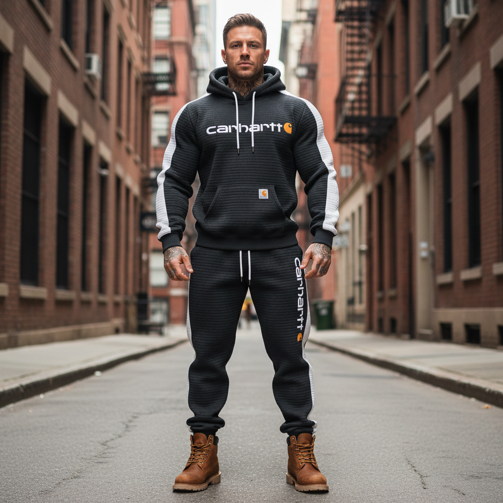 Men's Vintage Dark Gray White Waffle Quilted Plaid Pocket Hoodie And Sweatpants Jogger Set