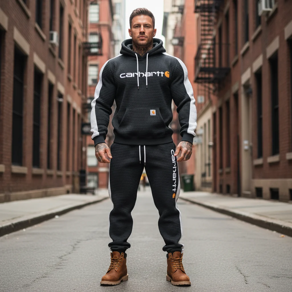 Men's Vintage Dark Gray White Waffle Quilted Plaid Pocket Hoodie And Sweatpants Jogger Set