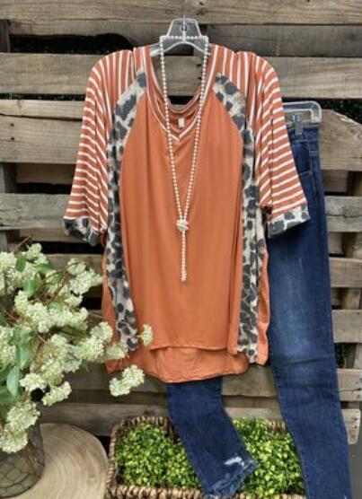 2021 Ladies Top Striped + Leopard Pattern Stitching Round Neck Short Sleeve T-Shirt