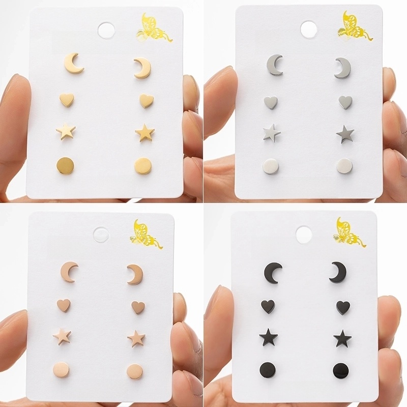 4 Pairs Cute Japanese Style Sweet Star Moon Heart Shape 304 Stainless Steel 18K Gold Plated Ear Studs