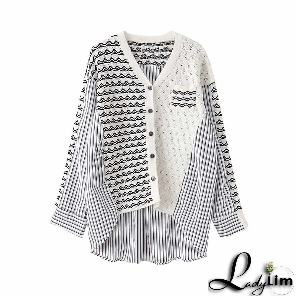 Colorblock Stripe Loose V-neck Cardigan Sweater Shirt
