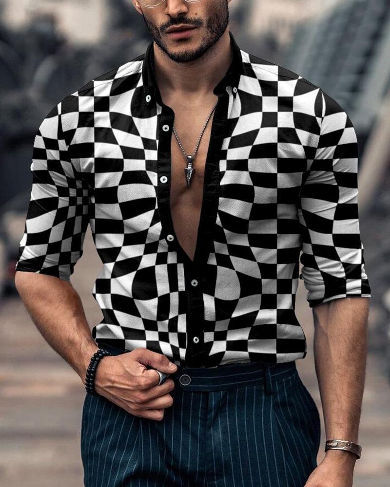 Men's Fashion White and Black Plaid Printing Long-Sleeved Shirt
