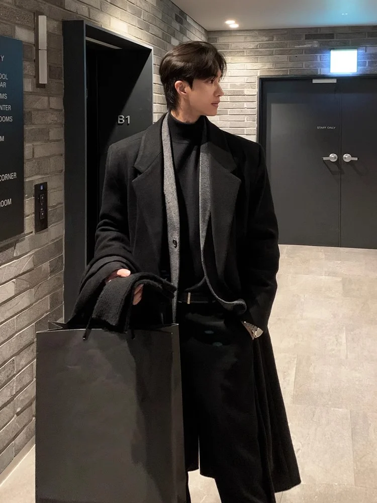 Aonga Autumn Winter Long Warm Woolen Coat Men Shoulder Pads Single Breasted Wool & Blends Overcoat Loose Korean Fashion aonga