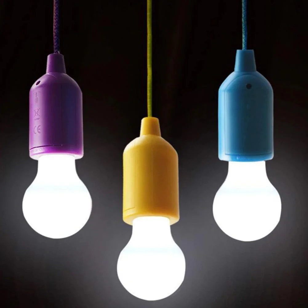 LED Hanging Light Bulb Battery Powered Colorful Pull Cord Bulbs (White)