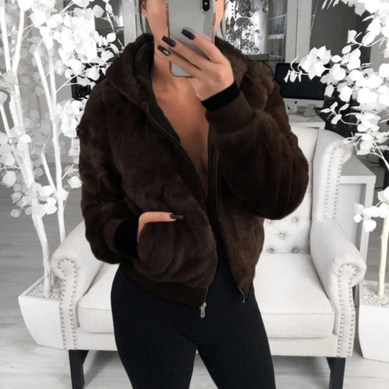 2021 European and American autumn and winter women's hooded rabbit fur faux fur plush jacket women