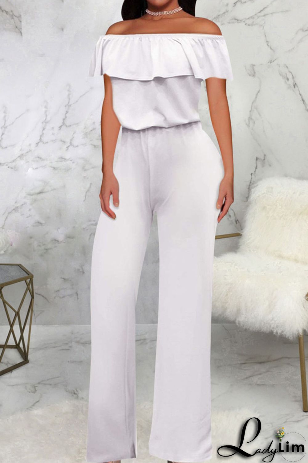 Grey Casual Solid Patchwork Flounce Off the Shoulder Straight Jumpsuits