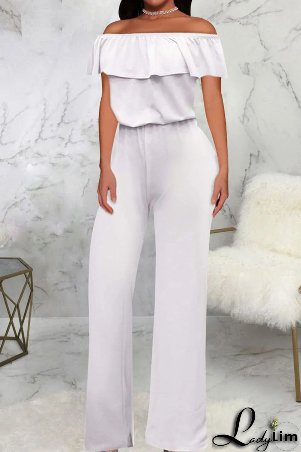 Grey Casual Solid Patchwork Flounce Off the Shoulder Straight Jumpsuits