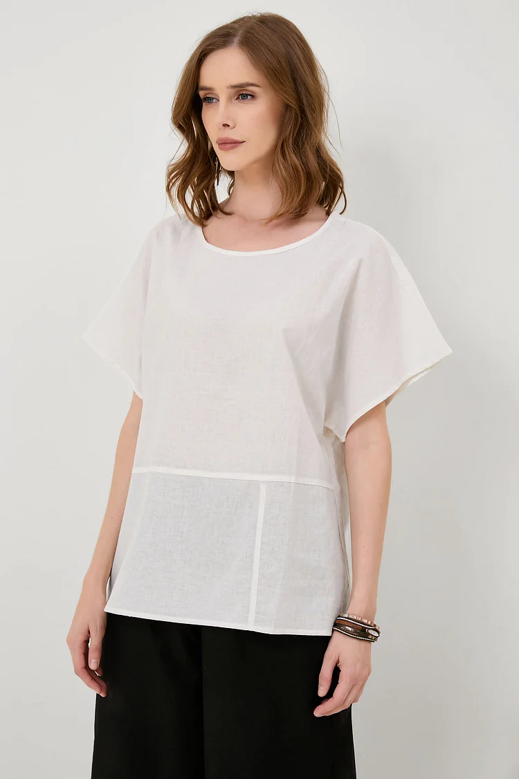Paneled Natural Cotton And Linen T-Shirt