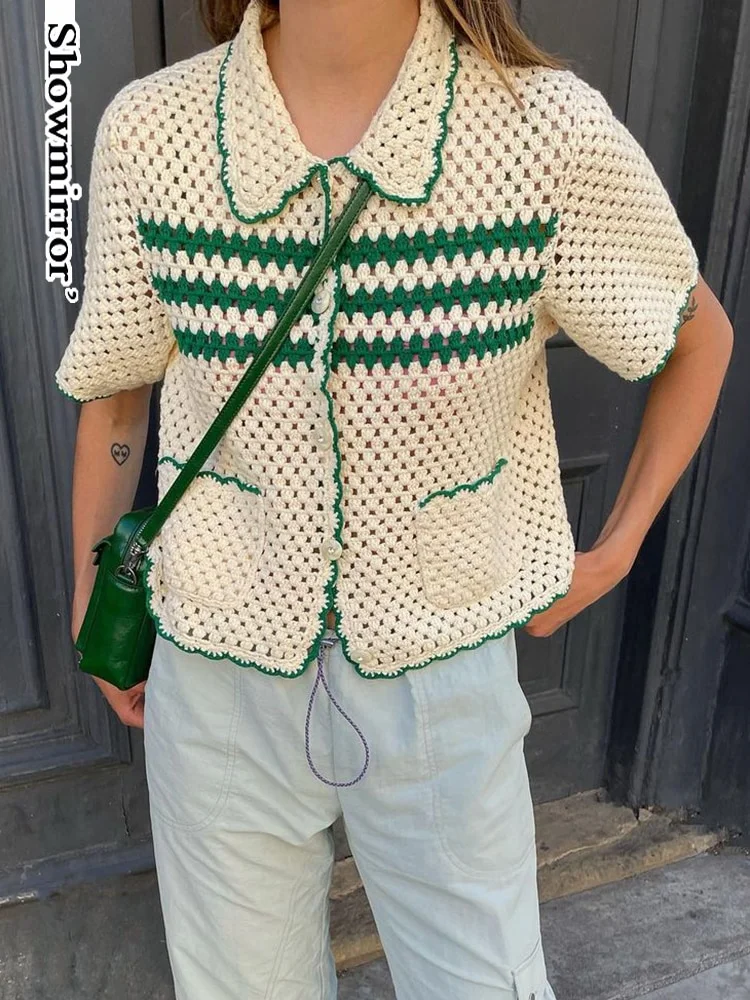 Mongw Retro Green Stripe Knitted Cardigan Tops Women Button Up Short Sleeve Crochet Blouse Shirts Preppy Style Sweaters Y2K