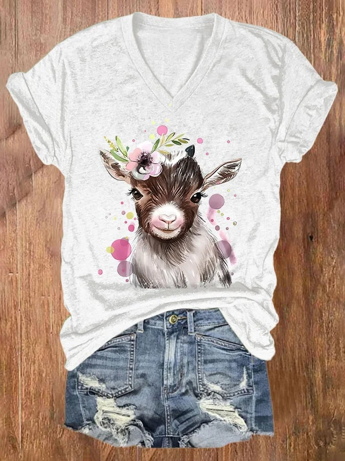 V-neck Watercolor Floral Baby Goat Print T-Shirt