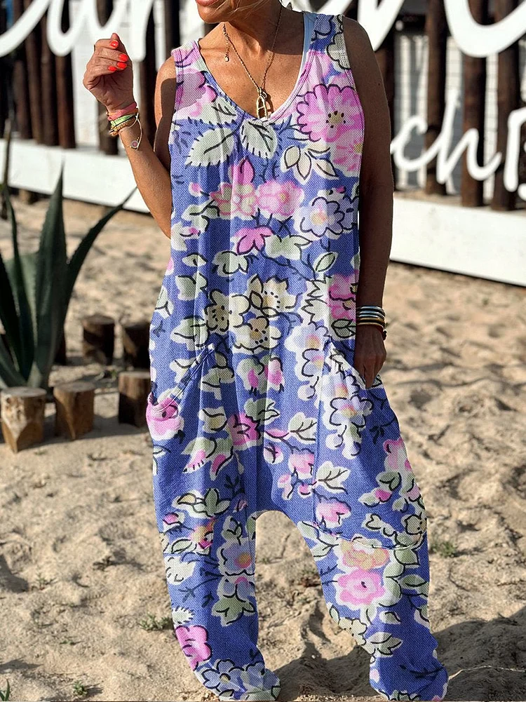 Floral Pattern Hippie Art Print Casual 100% Cotton Wide Leg Jumpsuit